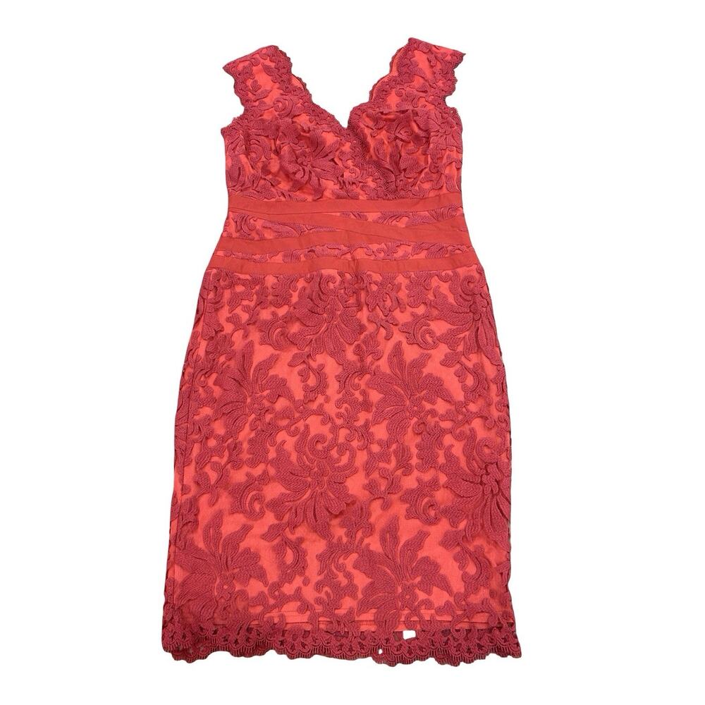 Tadashi Shoji Coral Red Sheath Dress Size 12 Embroidered Lace Cocktail V Neck